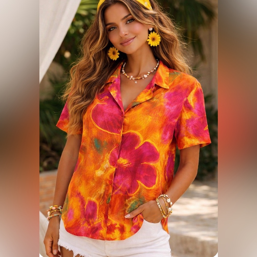 JAMS WORLD Top M Y2K Floral Button Down Short Sleeve Hawaiian Shirt Retro VTG